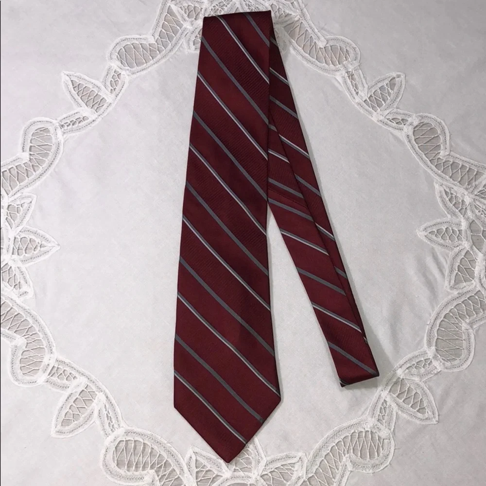 JONES NEW YORK Maroon Silver Stripe 60” Silk Tie - Picture 4 of 6
